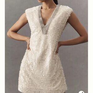 BHLDN White Sheath Mini Dress with V-Neck Cap Sleeves